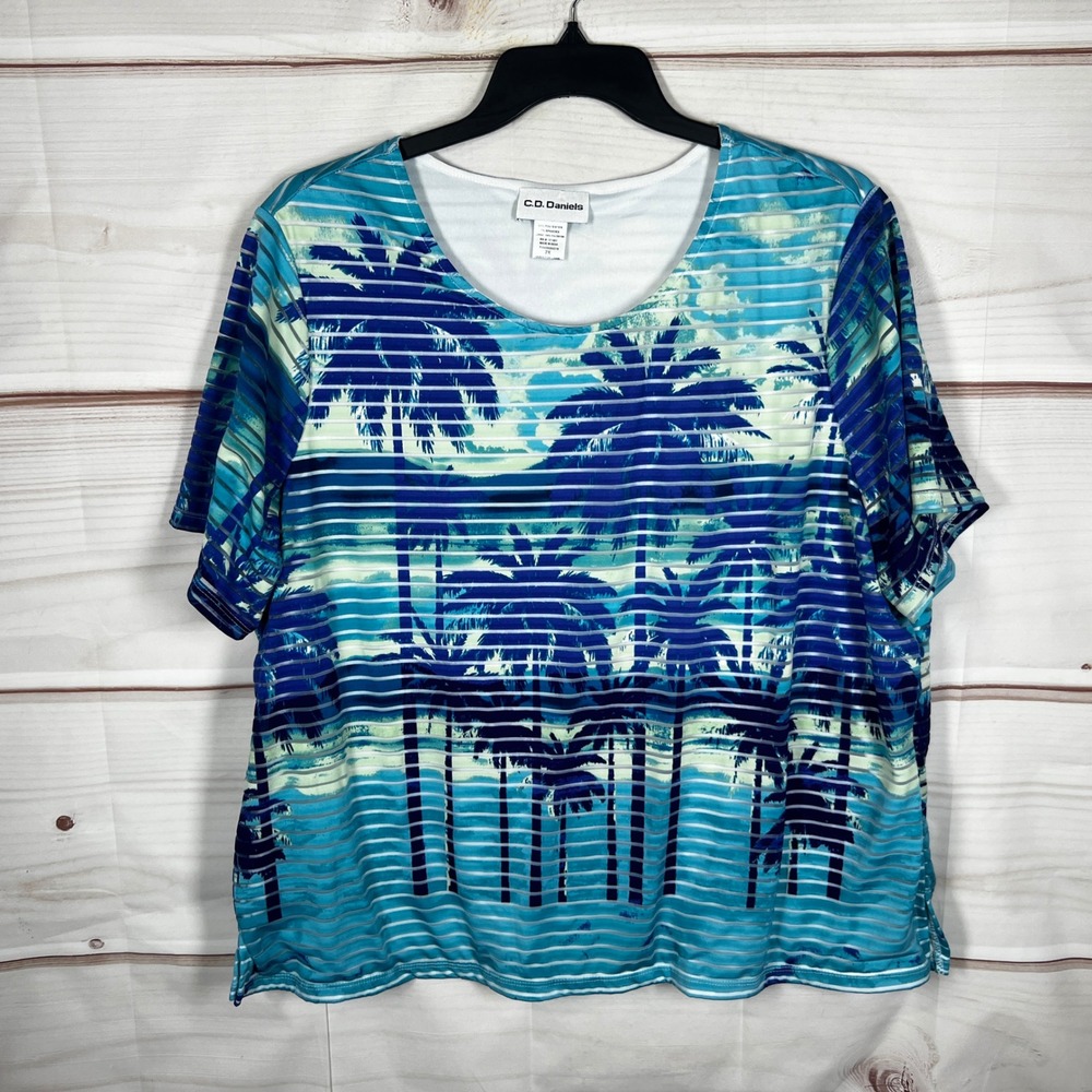 C.D. Daniels Palm Tree Top Womens 2X Blue Tropical Striped Short Sleeve Beachy